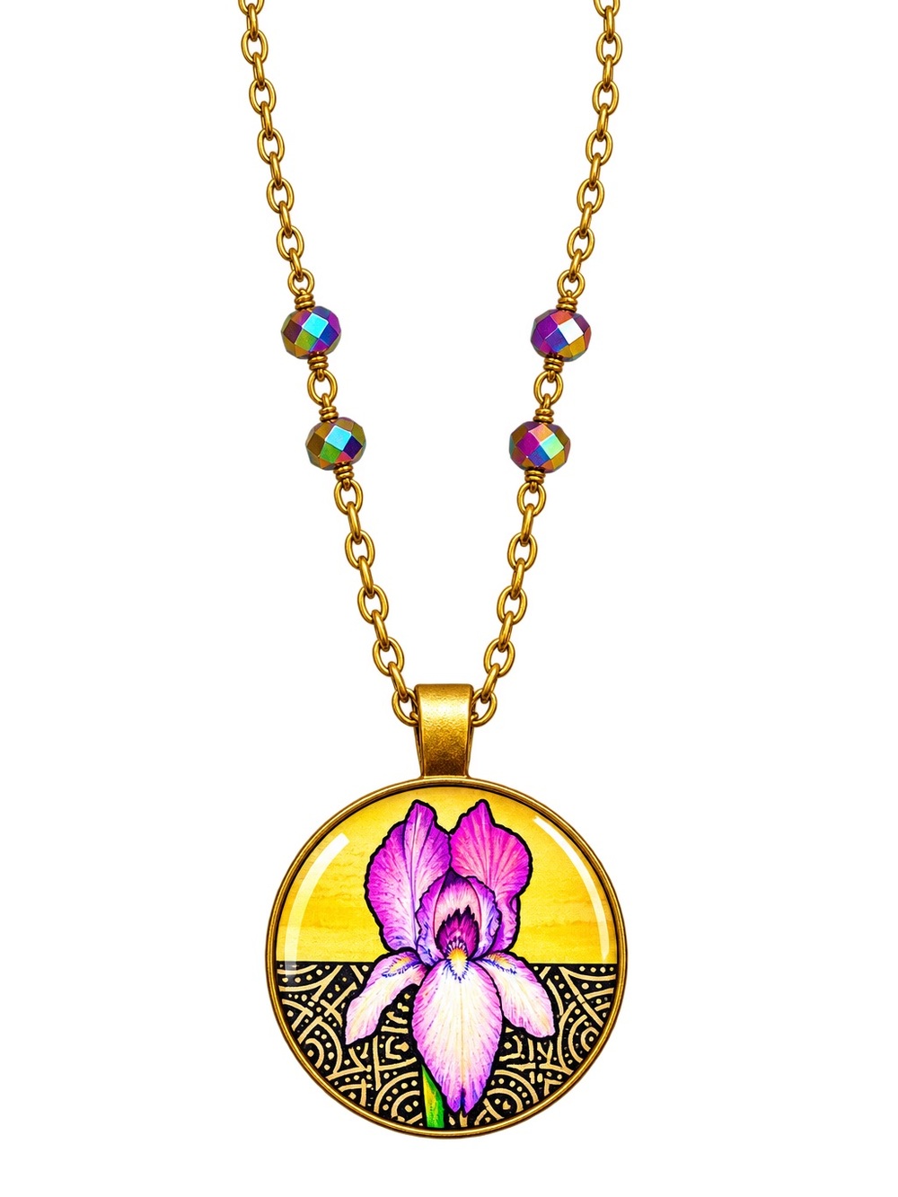 Gold Pendant Necklace with Pink Iris Floral Charm